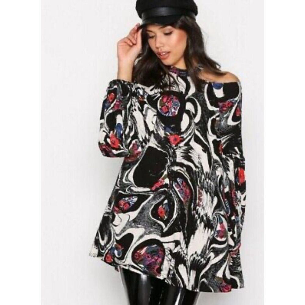 Free People‎ Black Print Drift Away Tunic Swing Dress XS TP Cold Shoulder Flowy